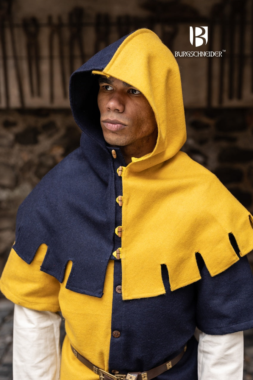 Left Side Cowl Dangereuse in vibrant yellow, featuring a close-fitting hood, rustic wooden buttons, and elegant crenelated design.