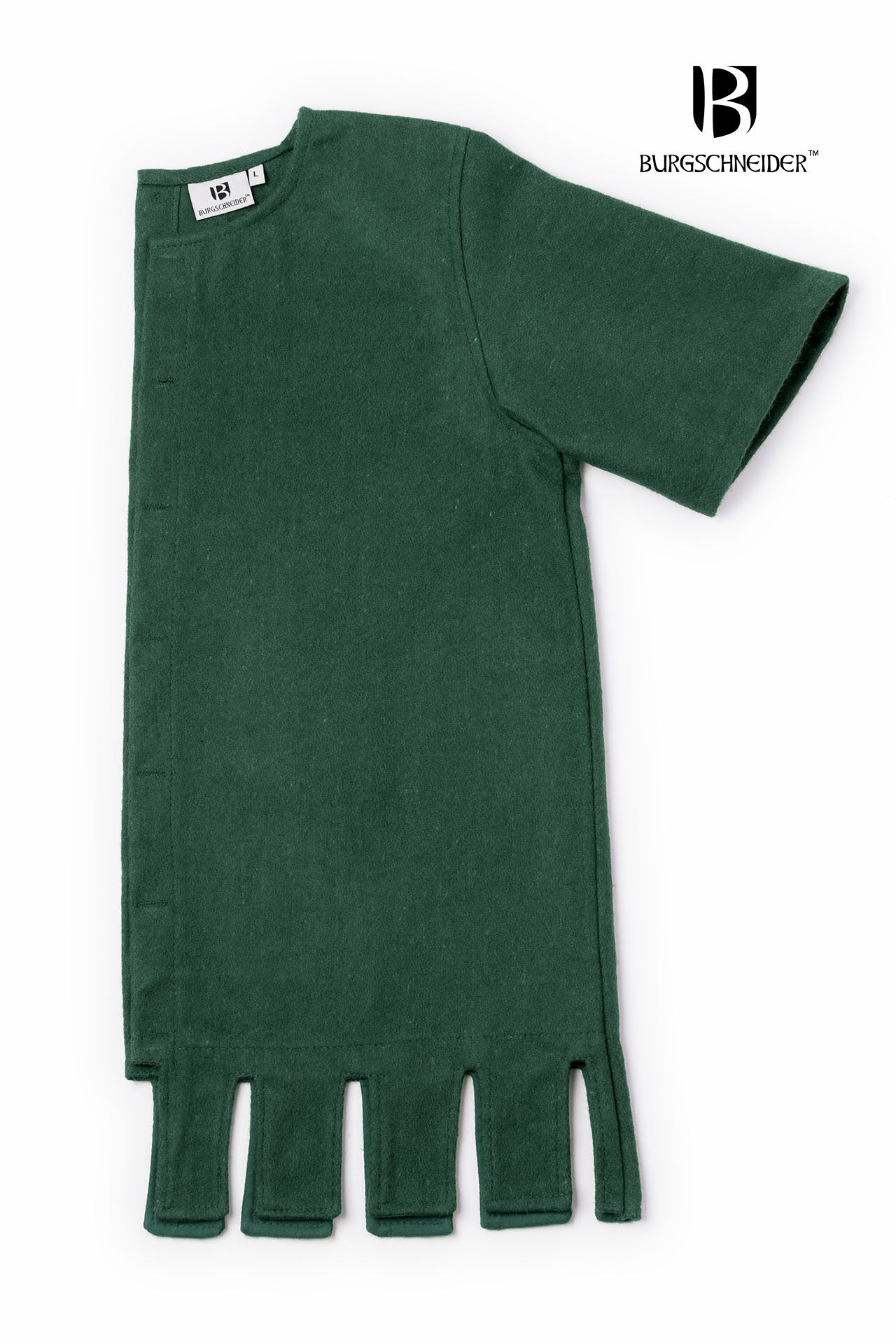 Left Side Surcoat Aleran Green featuring vibrant color, wooden buttons, and wide sleeves for comfort and style.