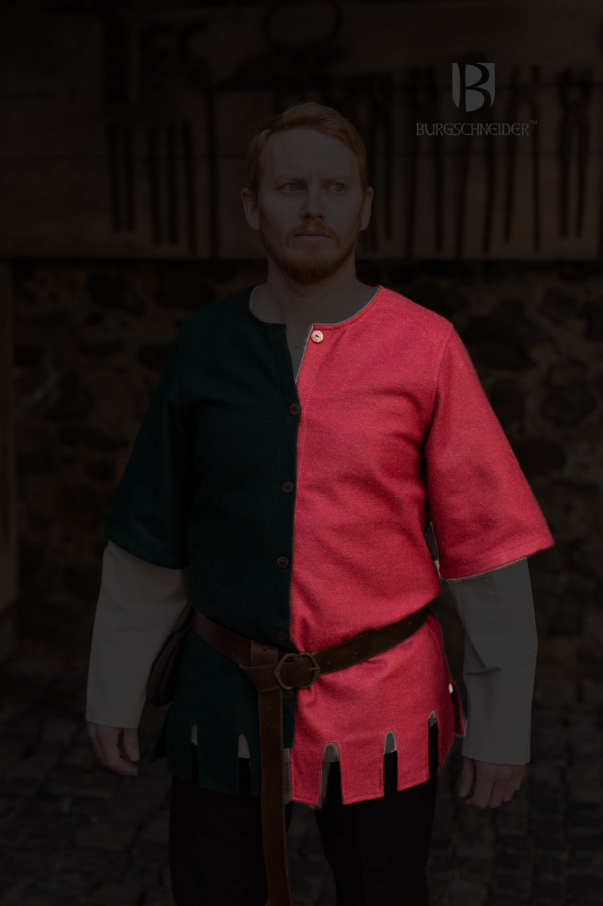 Left Side Surcoat Aleran in vibrant red with wooden buttons and crenelated cuffs, showcasing its stylish design and heavy woolen fabric.