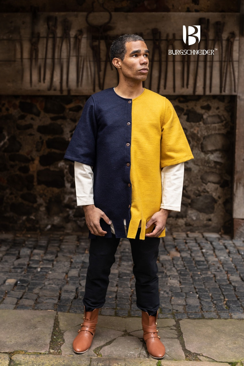 Left Side Surcoat Aleran in vibrant yellow with stylish wooden buttons and wide sleeves, showcasing its unique design and historical significance.