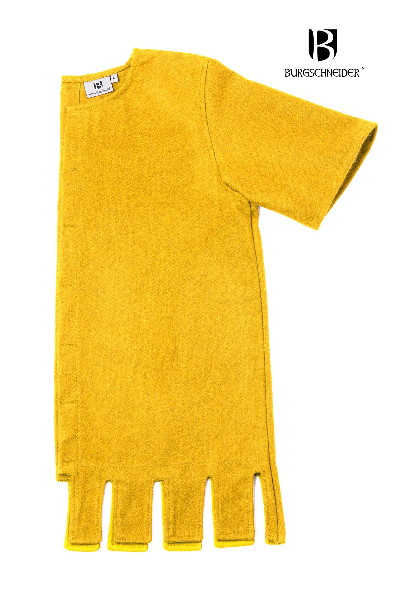 Left Side Surcoat Aleran in vibrant yellow with stylish wooden buttons and wide sleeves, showcasing its unique design and historical significance.