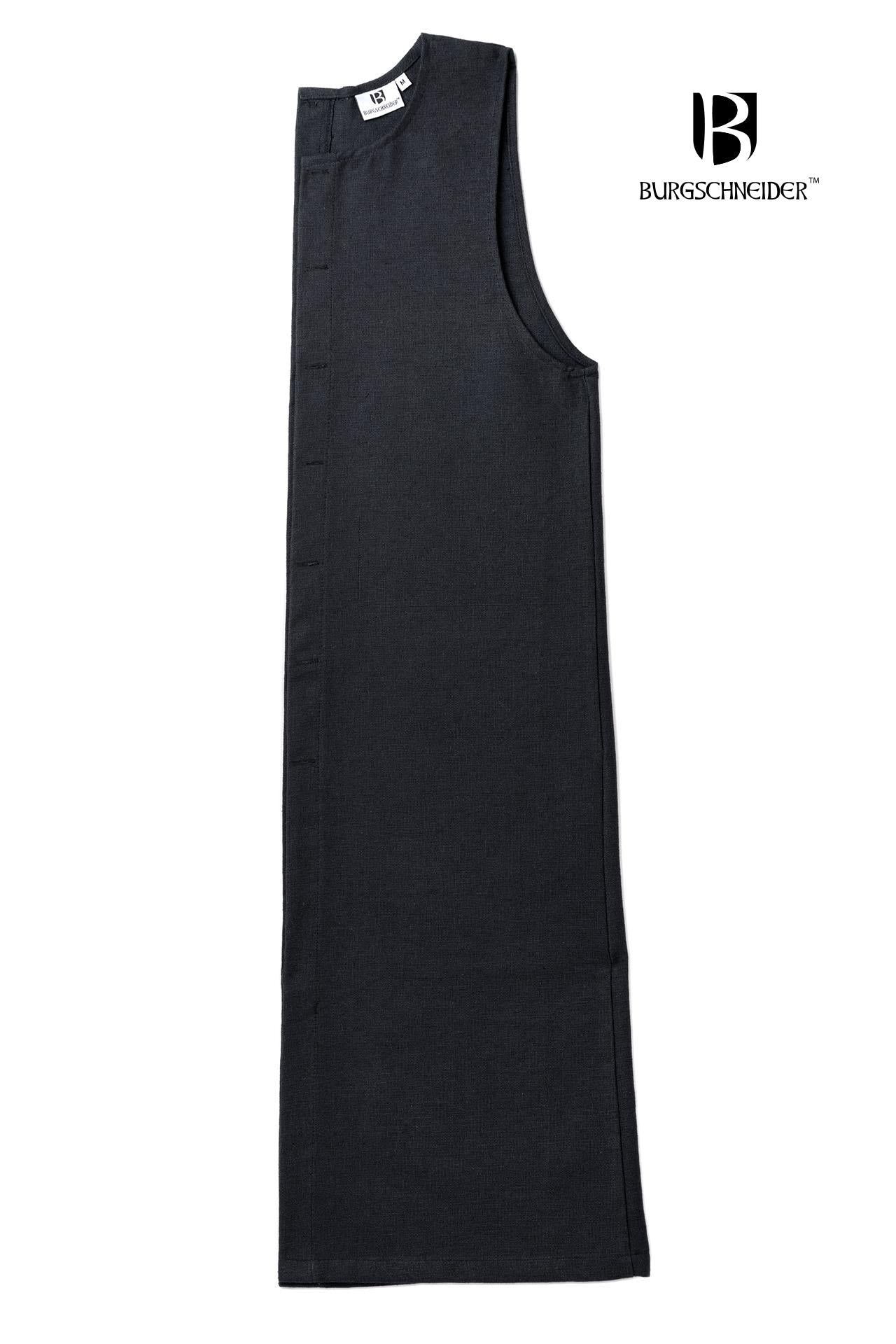 Left Side Tabard Auderic Black displayed on a mannequin, showcasing its elegant design and wooden button closure.