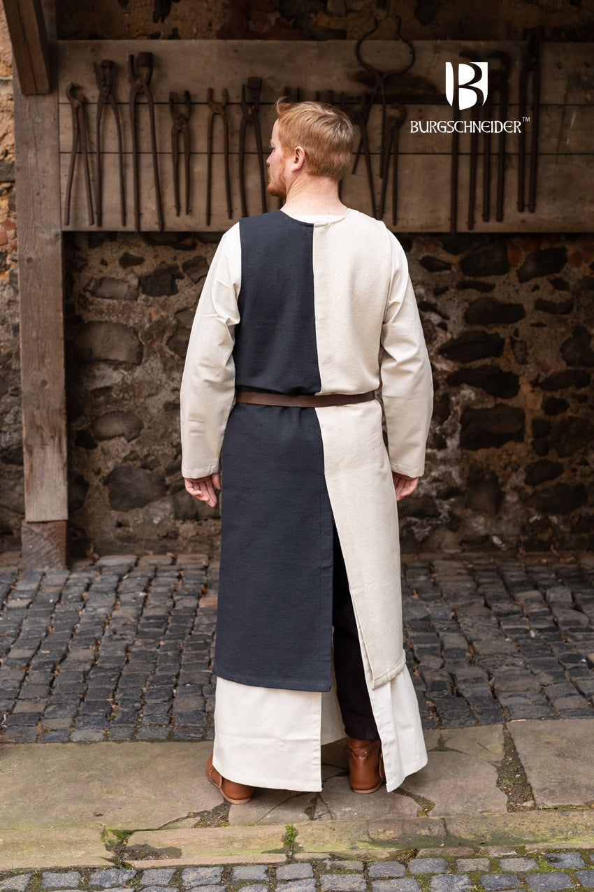 Left Side Tabard Auderic Black displayed on a mannequin, showcasing its elegant design and wooden button closure.