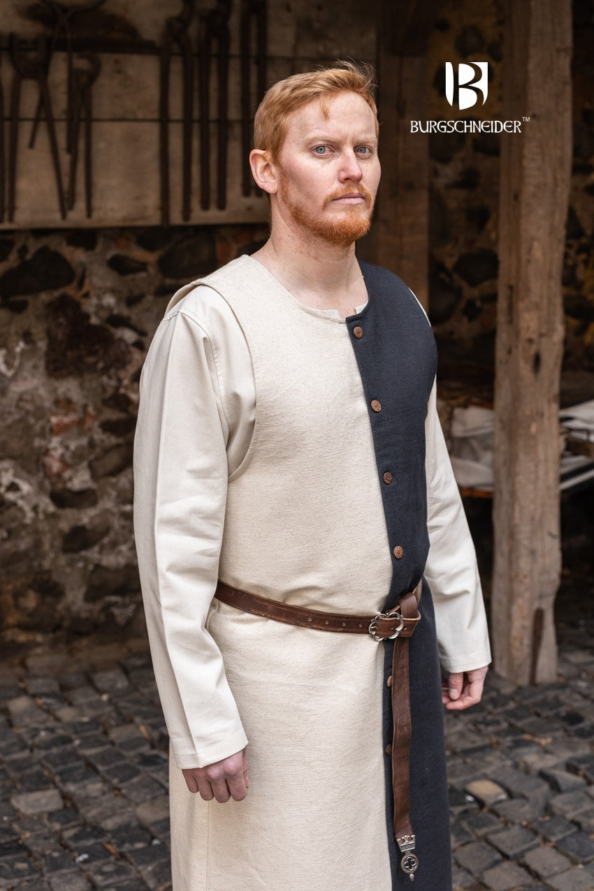 Left Side Tabard Auderic Black displayed on a mannequin, showcasing its elegant design and wooden button closure.