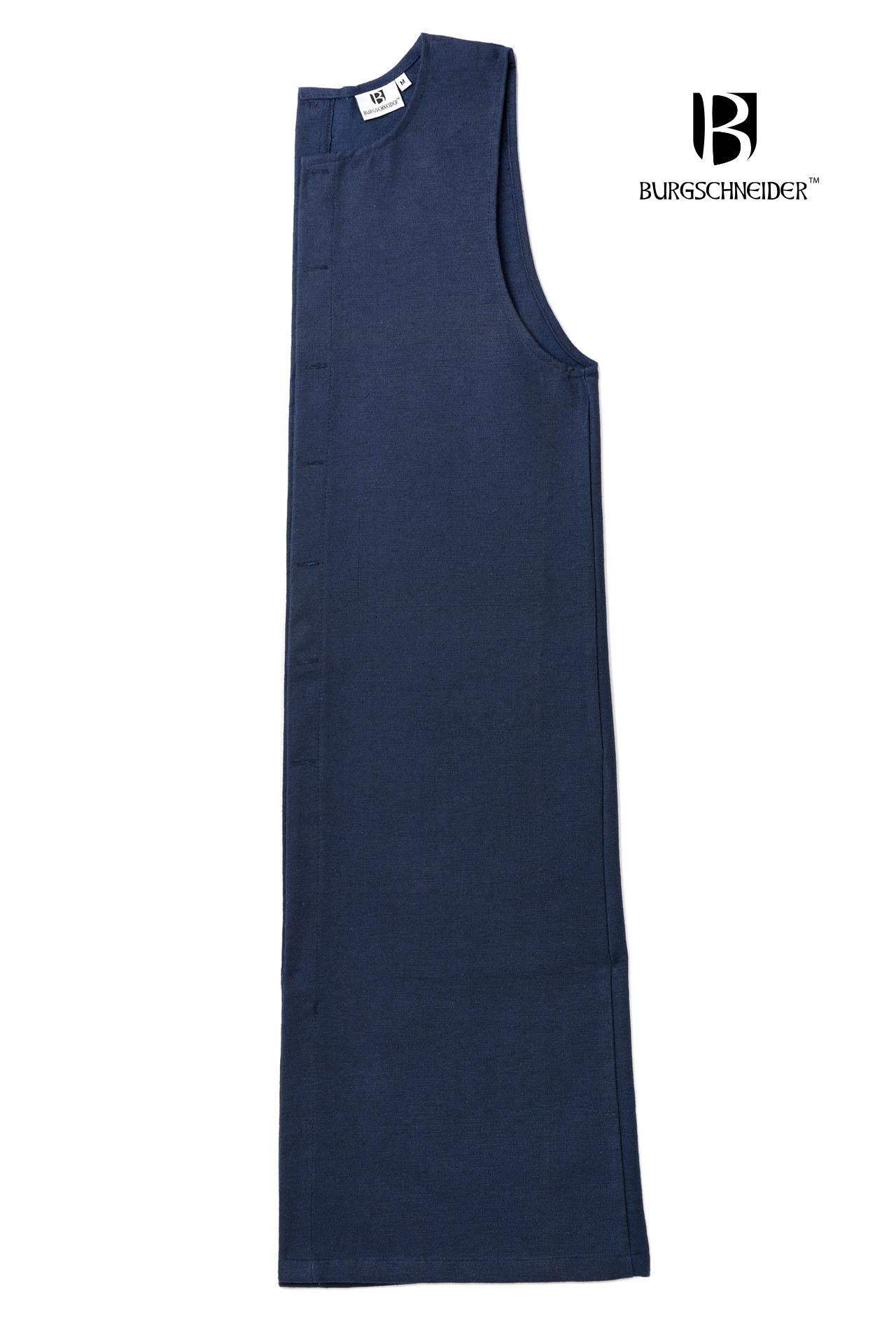 Left Side Tabard Auderic Blue featuring stylish wooden buttons and wide armholes, made from heavy cotton fabric.