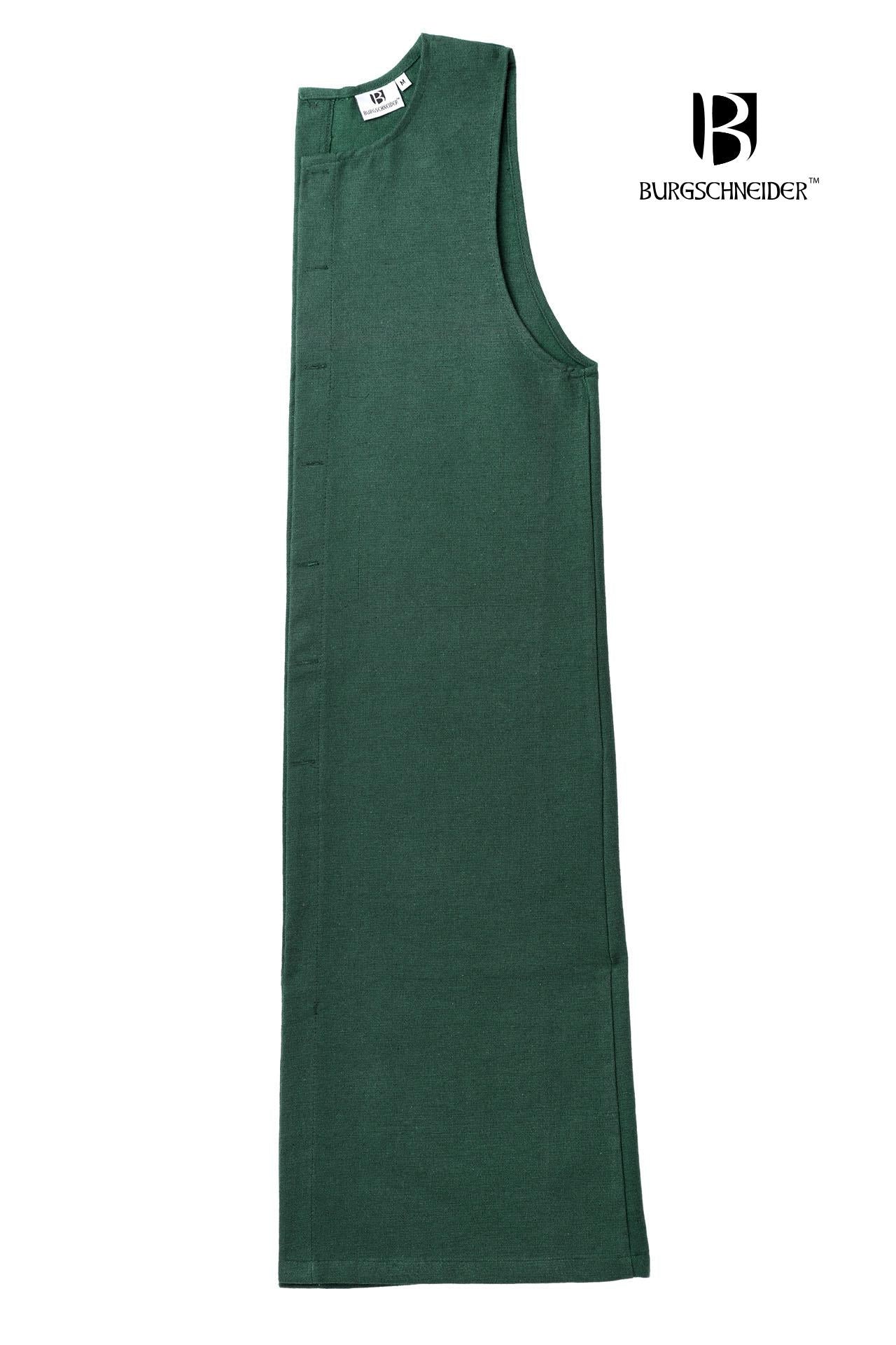 Left Side Tabard Auderic Green made from heavy cotton, featuring stylish wooden buttons and wide armholes for movement.