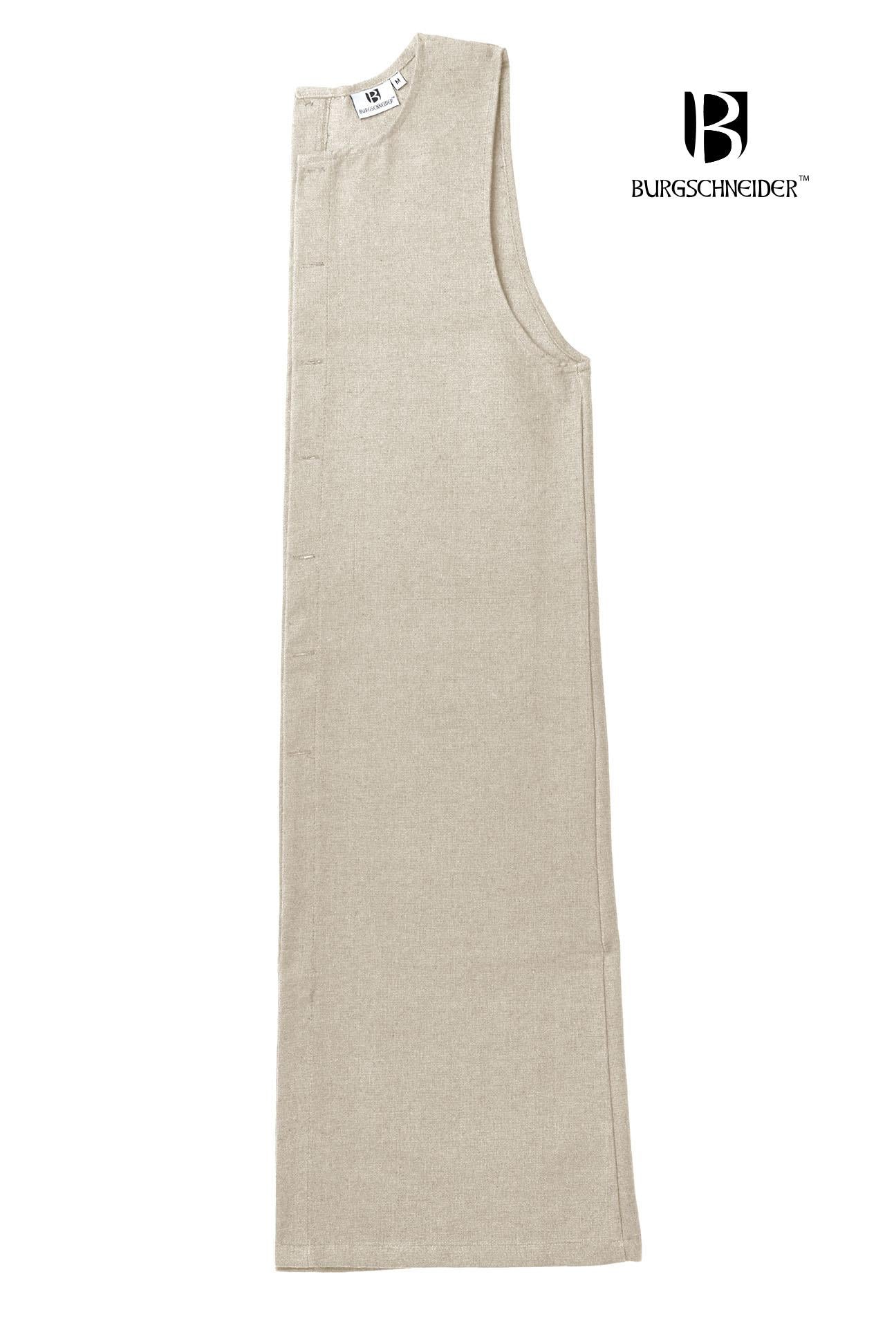 Left Side Tabard Auderic Natural showcasing its heavy cotton fabric, stylish wooden buttons, and modular design for customizable colors.