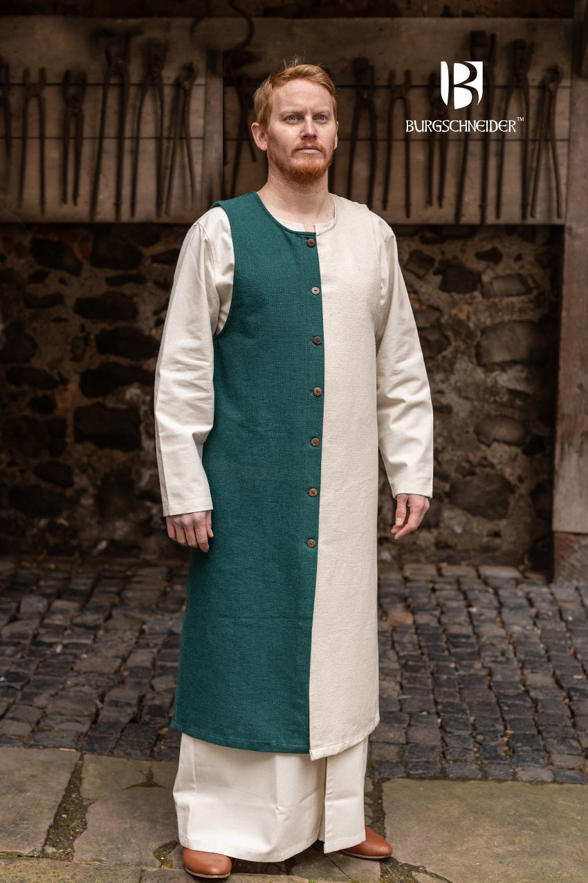 Left Side Tabard Auderic Natural showcasing its heavy cotton fabric, stylish wooden buttons, and modular design for customizable colors.