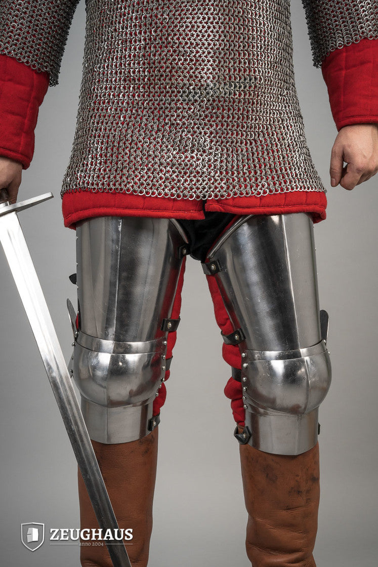 14th Century Leg Armour made of 1.6mm polished steel, featuring open back design and leather straps for secure fit.