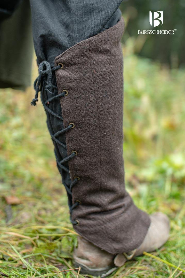 Seran Brown Leg Cuffs made from a warm wool blend, featuring adjustable lacing at the back for a flexible fit.