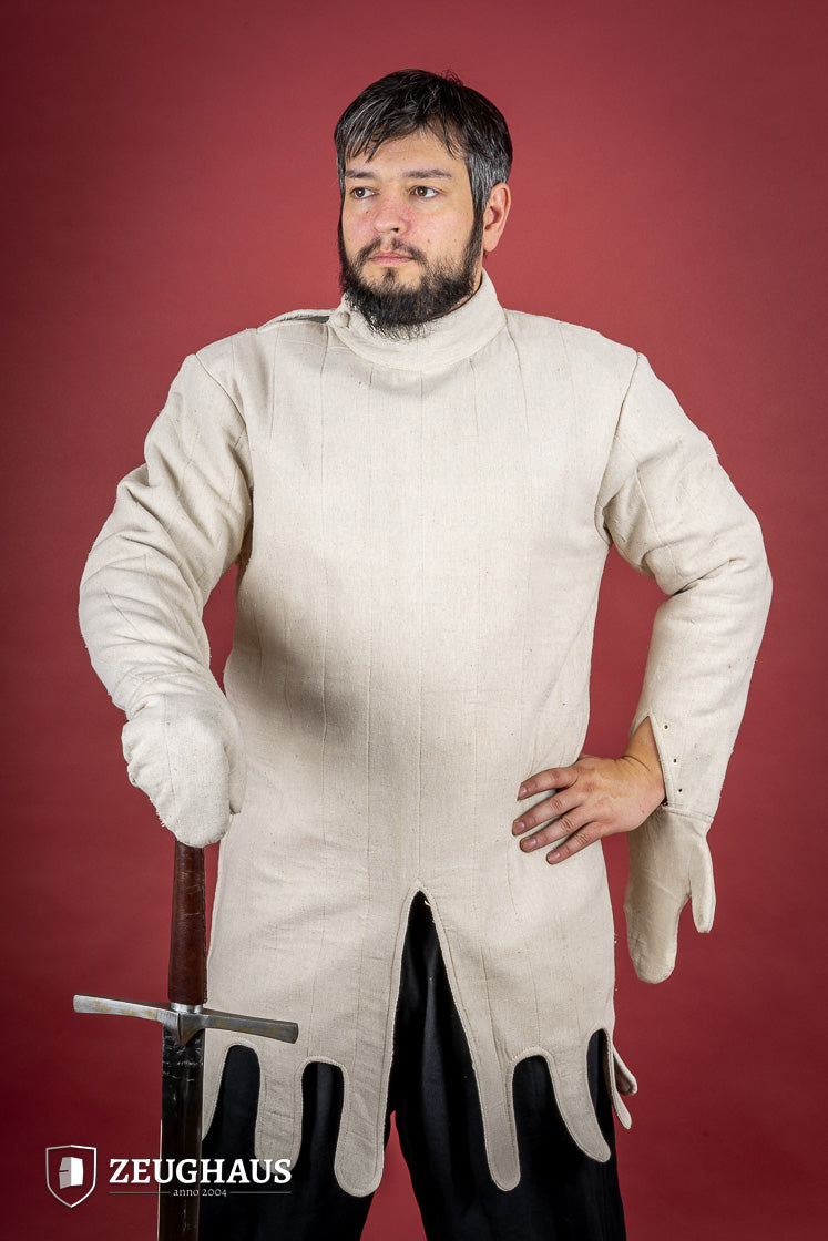 Light Gambeson with Mittens Natural featuring a high collar and sewn mittens, designed for warmth and protection.