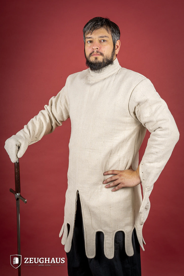 Light Gambeson with Mittens Natural featuring a high collar and sewn mittens, designed for warmth and protection.