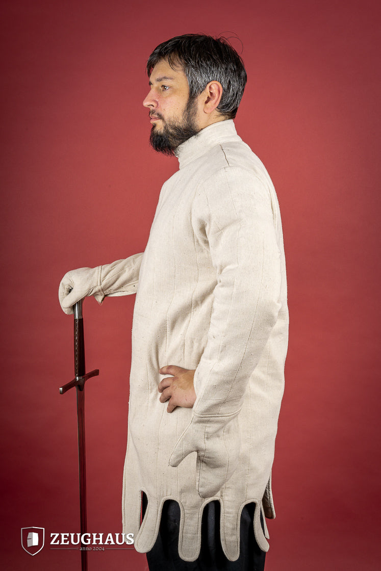 Light Gambeson with Mittens Natural featuring a high collar and sewn mittens, designed for warmth and protection.
