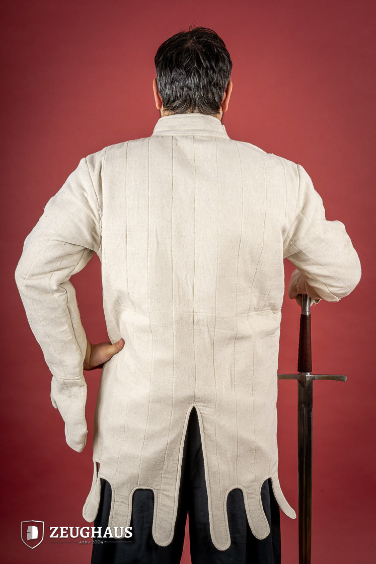 Light Gambeson with Mittens Natural featuring a high collar and sewn mittens, designed for warmth and protection.