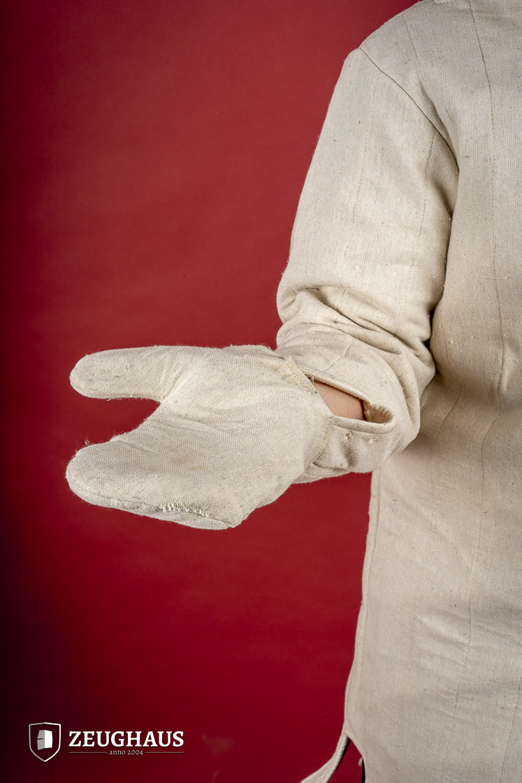 Light Gambeson with Mittens Natural featuring a high collar and sewn mittens, designed for warmth and protection.