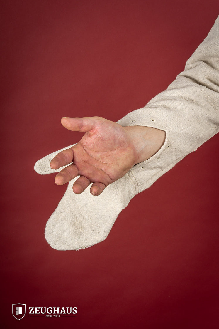Light Gambeson with Mittens Natural featuring a high collar and sewn mittens, designed for warmth and protection.