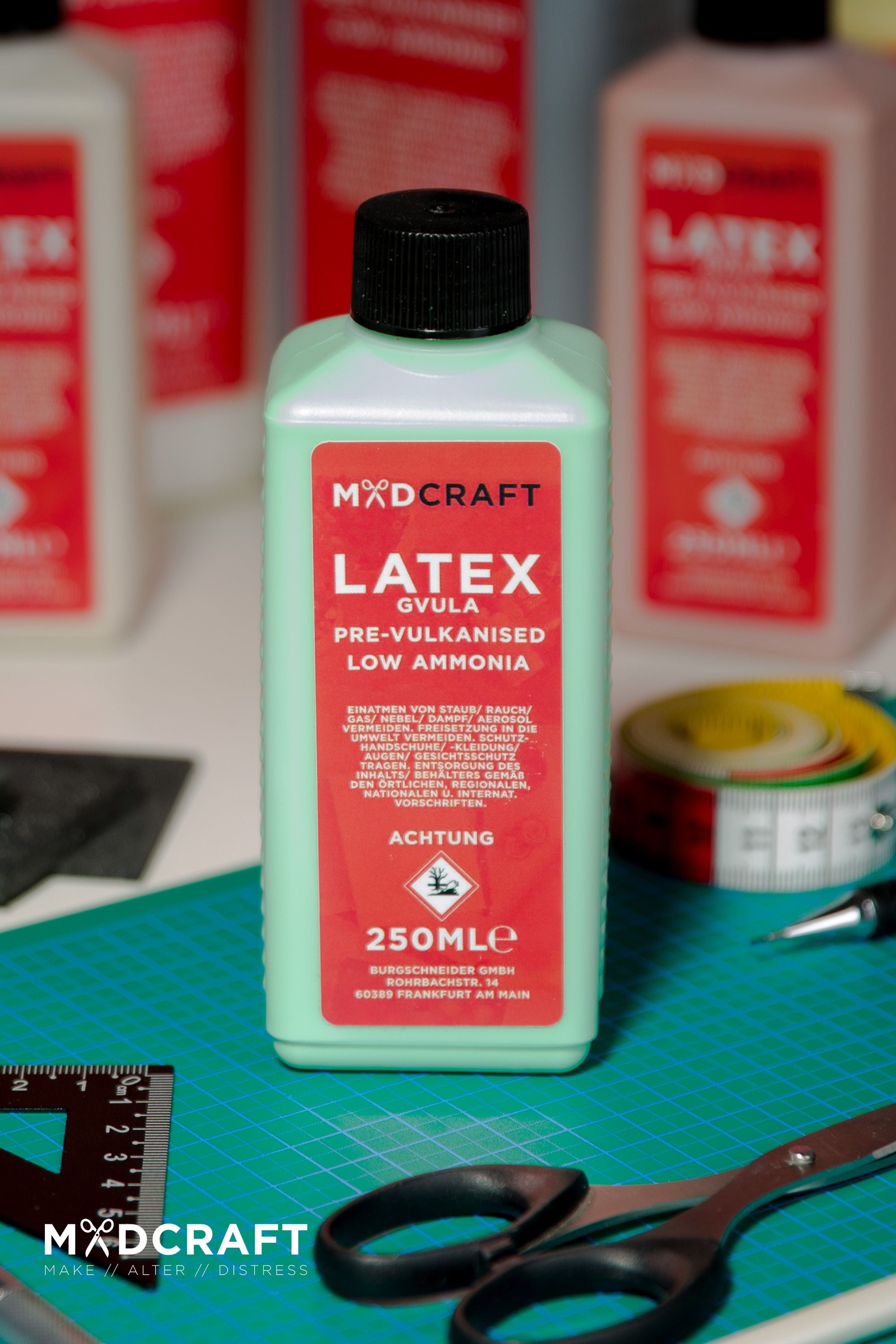 250ml bottle of Liquid Latex Green, ideal for crafting LARP weapons and shields, showcasing its vibrant green color and durable packaging.