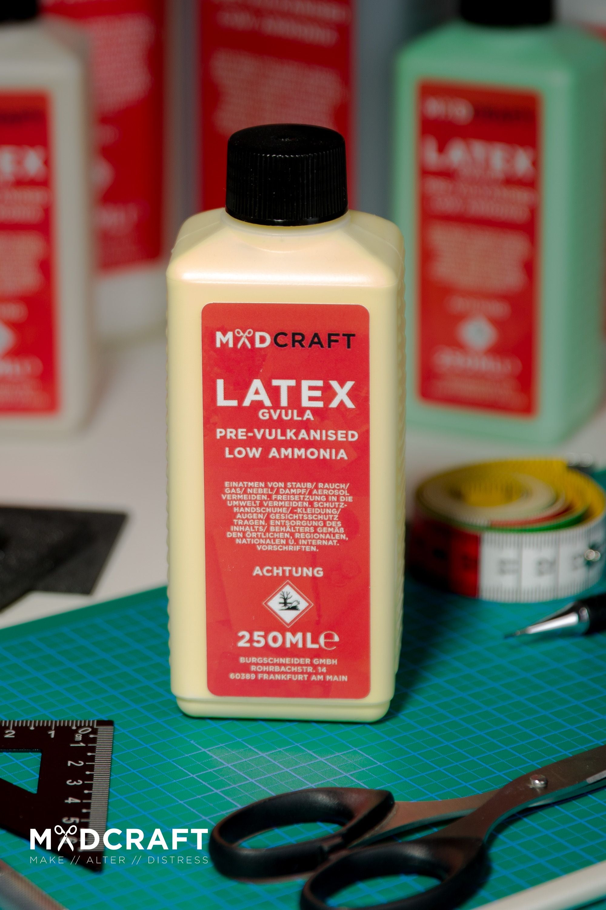 250ml bottle of Liquid Latex Yellow, ideal for crafting LARP weapons and shields, showcasing its vibrant color and durable packaging.