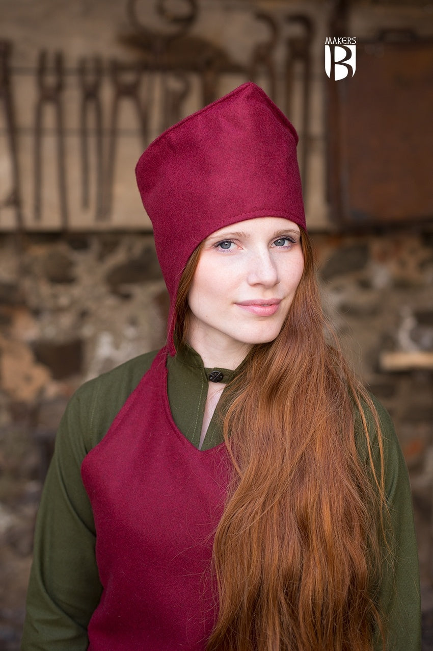 Elegant red magician hat made of high-quality wool with ear flaps and soft cotton lining, perfect for stylish scholars.
