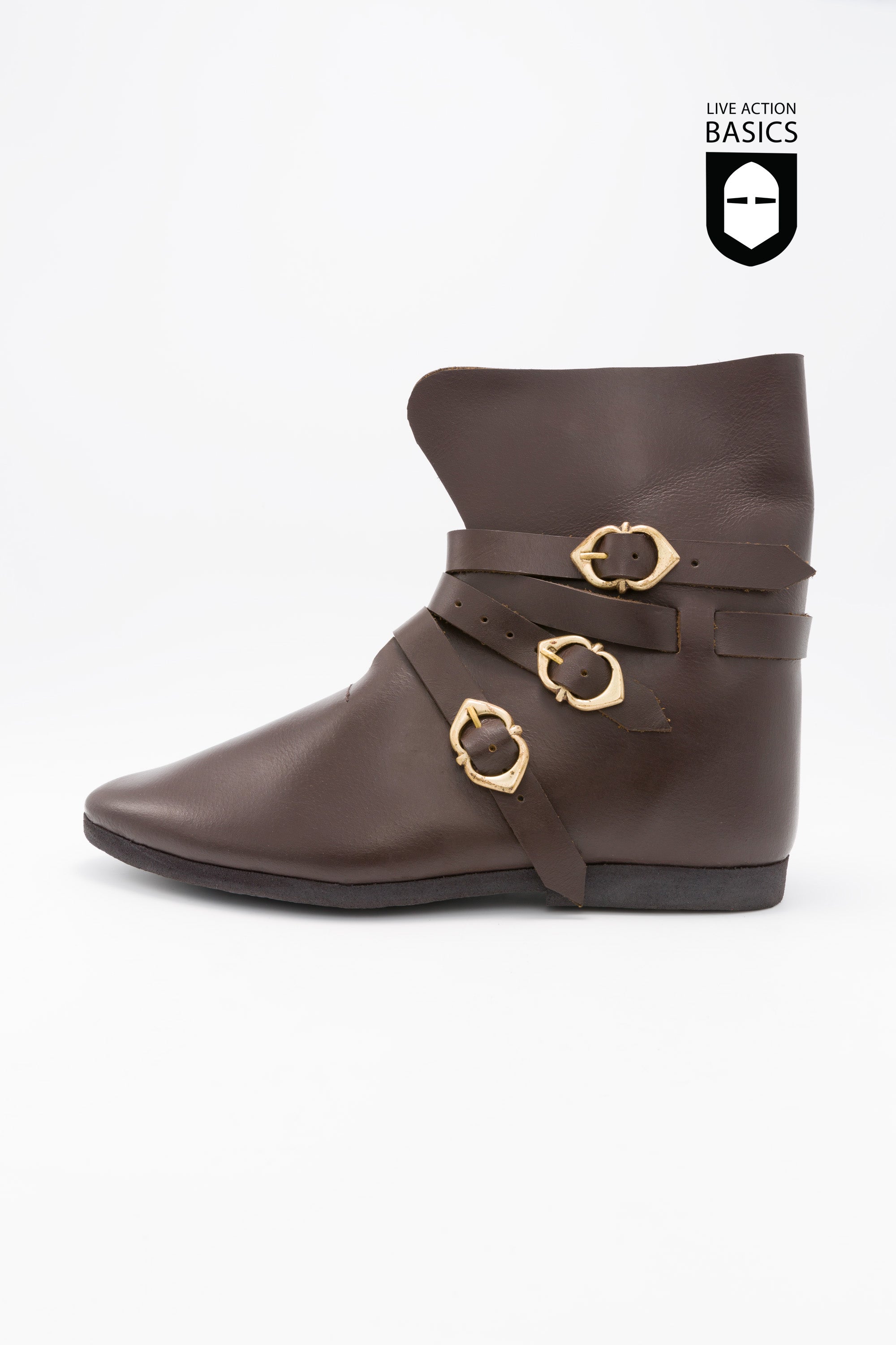 A pair of dark brown medieval half boots featuring three stylish buckles and a versatile shaft design.