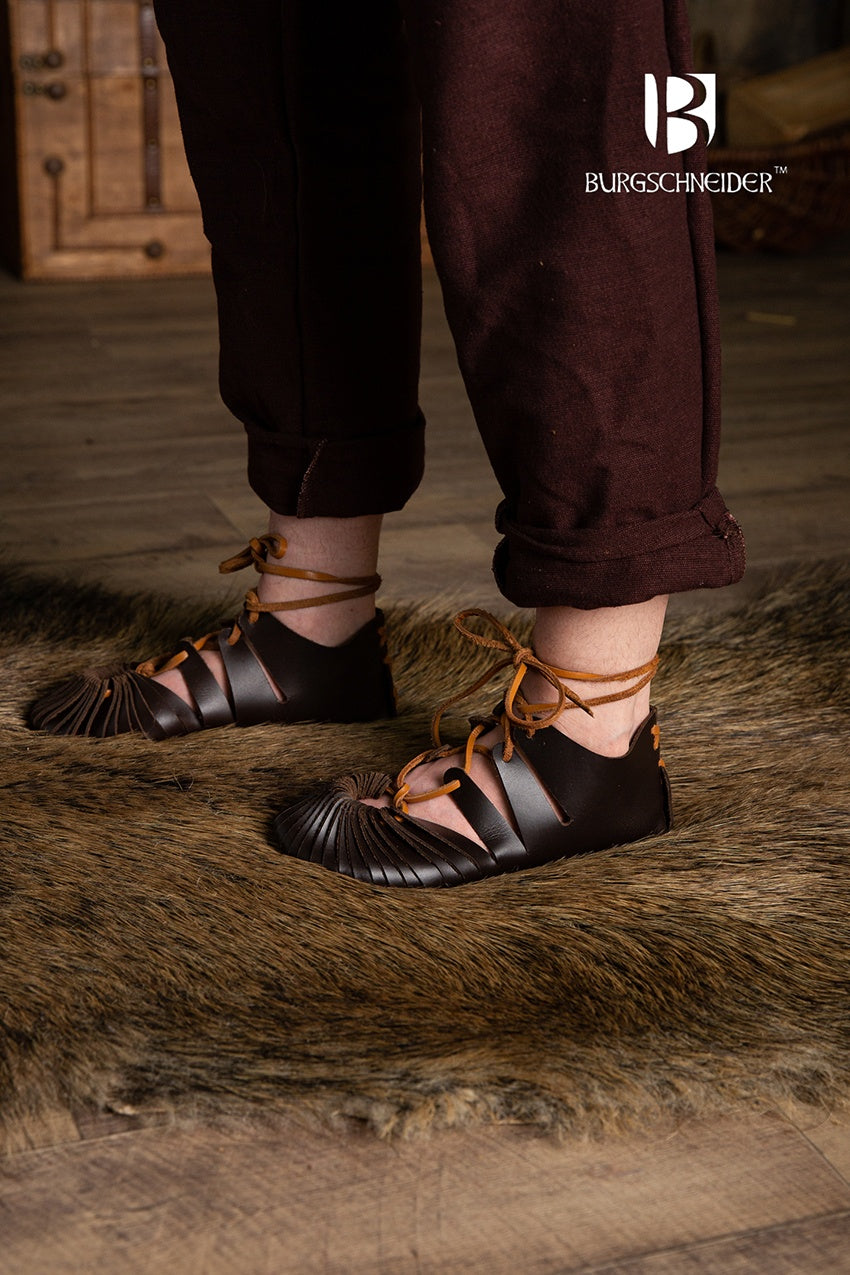 Brown Medieval Sandals Fynn featuring a spiral pattern, ideal for summer wear.