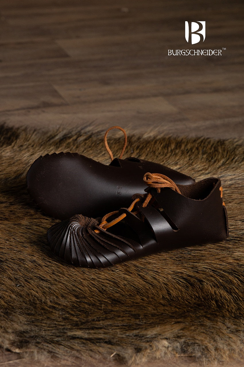 Brown Medieval Sandals Fynn featuring a spiral pattern, ideal for summer wear.