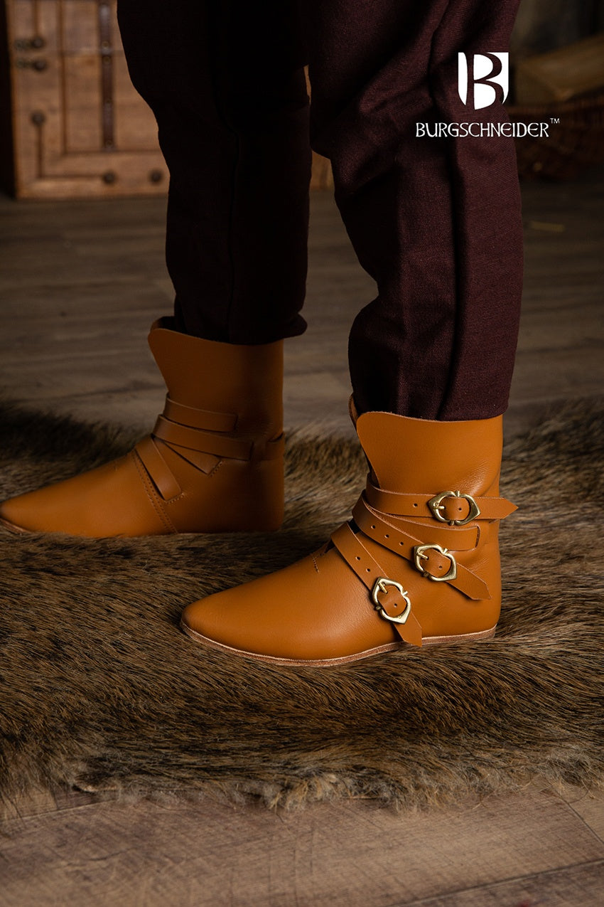 Brown medieval half boots with three stylish buckles and adjustable shaft for a customizable look.