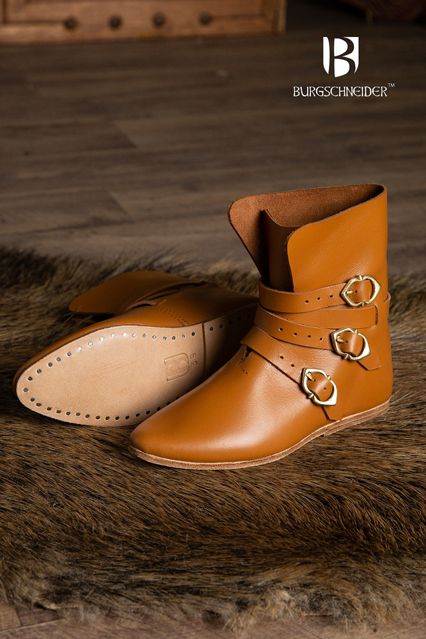 Brown medieval half boots with three stylish buckles and adjustable shaft for a customizable look.