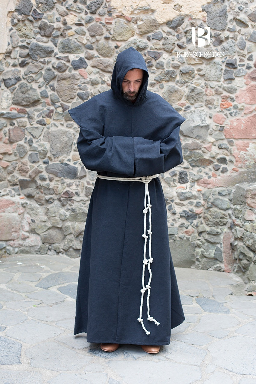 Monk's Habit Benediktus Black robe with cowl and belt, showcasing its medieval design and high-quality cotton material.