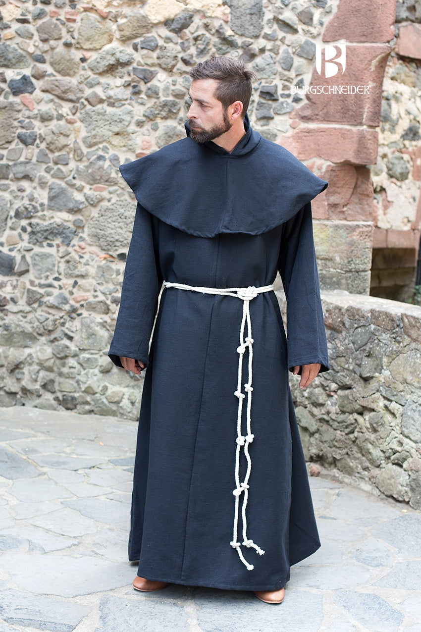 Monk's Habit Benediktus Black robe with cowl and belt, showcasing its medieval design and high-quality cotton material.