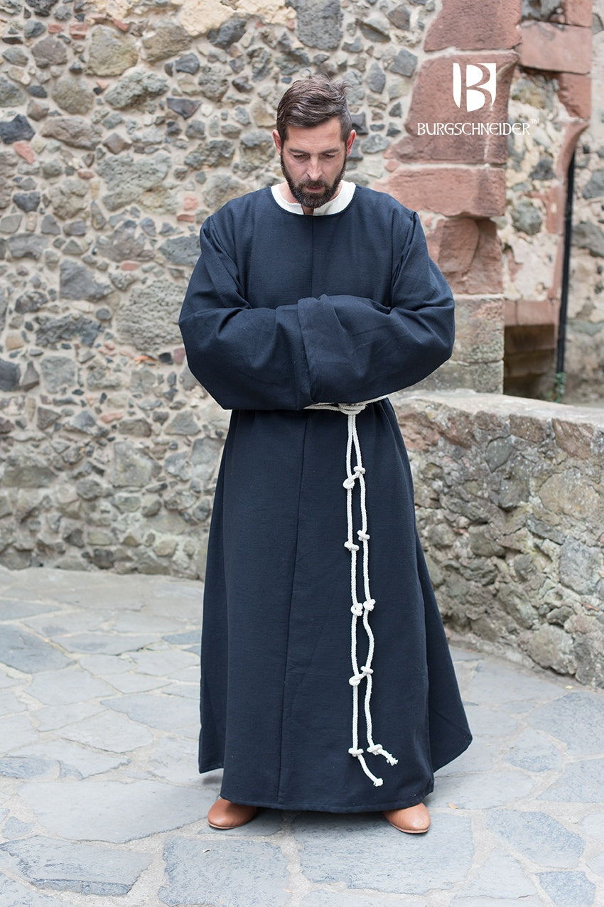Monk's Habit Benediktus Black robe with cowl and belt, showcasing its medieval design and high-quality cotton material.