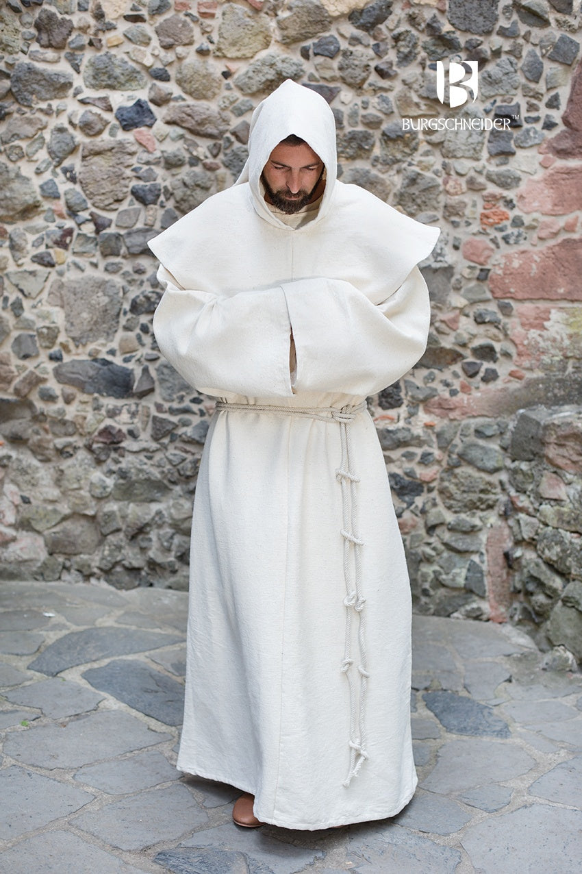 Monk's Habit Benediktus Natural robe in natural white with a gugel and knit belt, showcasing its medieval-inspired design.