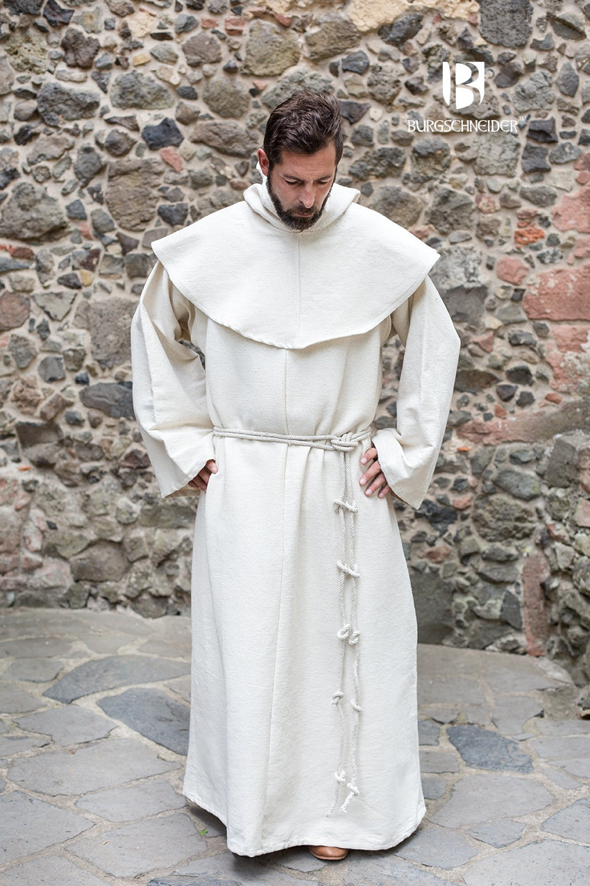 Monk's Habit Benediktus Natural robe in natural white with a gugel and knit belt, showcasing its medieval-inspired design.