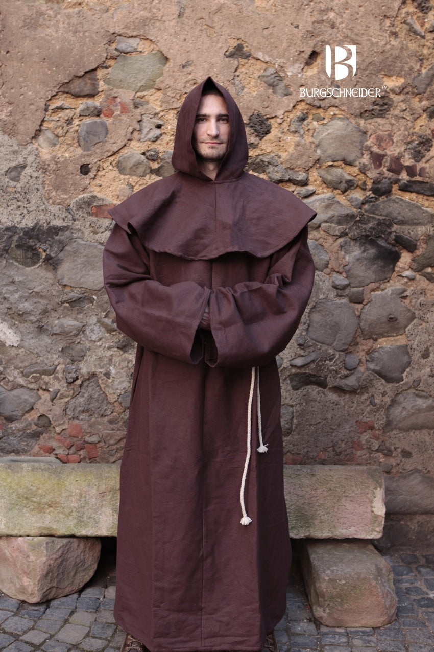 Monk's Habit Franziskus Brown featuring a cowl, gugel, and belt rope, made from coarse cotton for an authentic 13th-century appearance.
