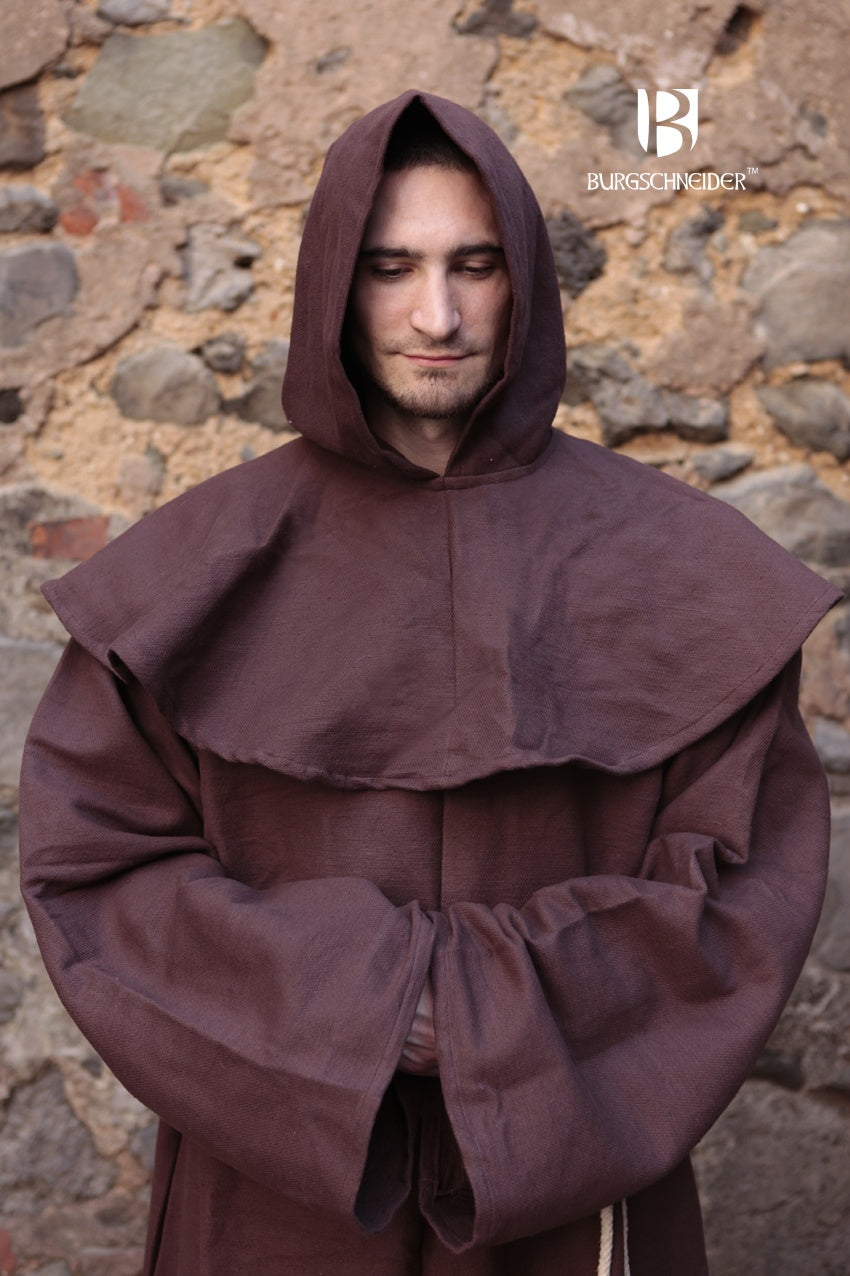 Monk's Habit Franziskus Brown featuring a cowl, gugel, and belt rope, made from coarse cotton for an authentic 13th-century appearance.