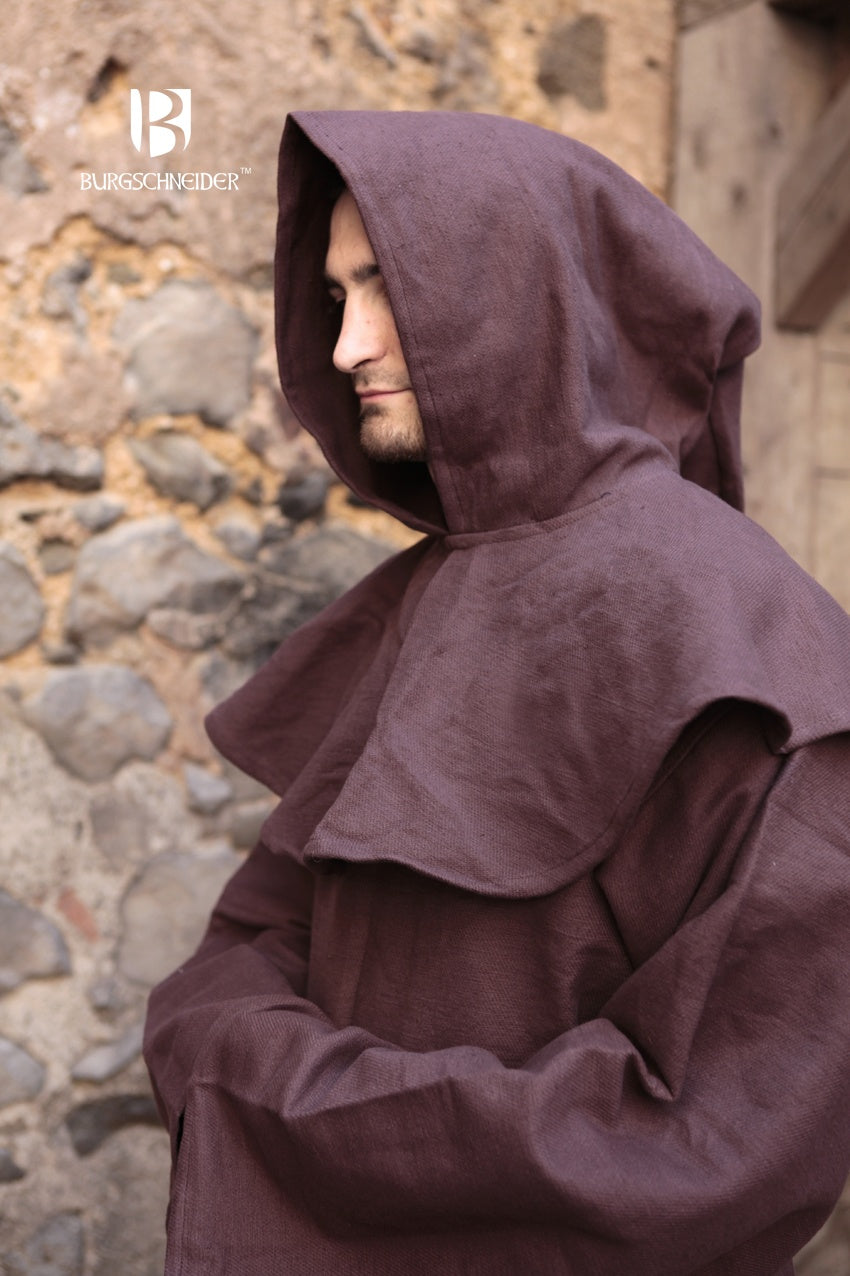 Monk's Habit Franziskus Brown featuring a cowl, gugel, and belt rope, made from coarse cotton for an authentic 13th-century appearance.