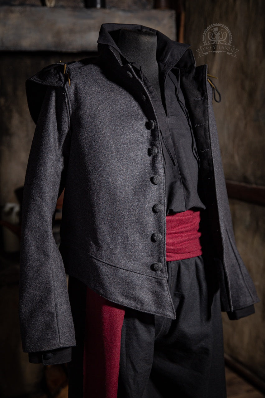 Musketeer Jacket Quentin Grey featuring stylish tassels and a wool fabric, perfect for LARP and costume events.