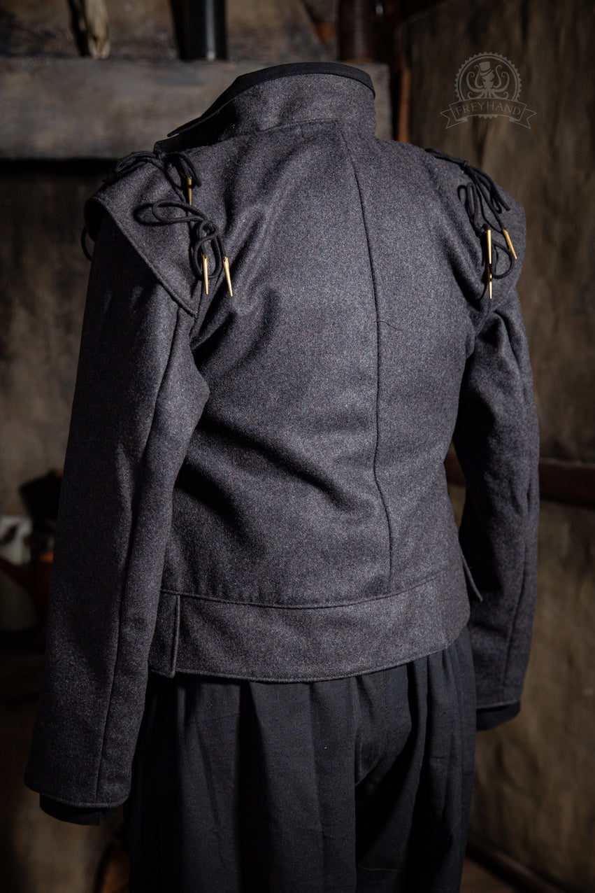 Musketeer Jacket Quentin Grey featuring stylish tassels and a wool fabric, perfect for LARP and costume events.