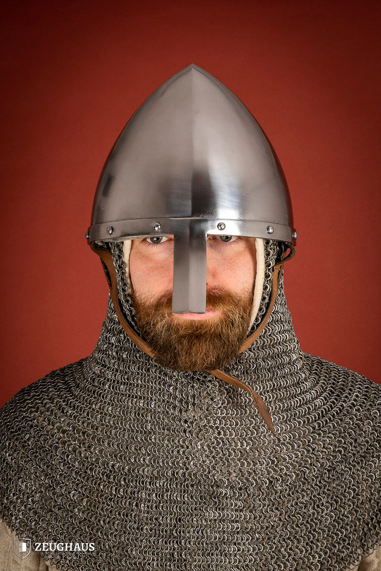 Nasal Helmet Phrygian made of 2mm polished steel with a 3mm nasal guard and leather chin strap, showcasing its unique handcrafted design.