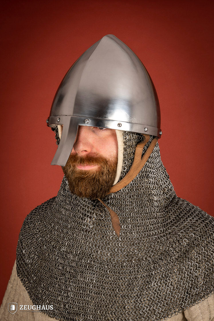 Nasal Helmet Phrygian made of 2mm polished steel with a 3mm nasal guard and leather chin strap, showcasing its unique handcrafted design.