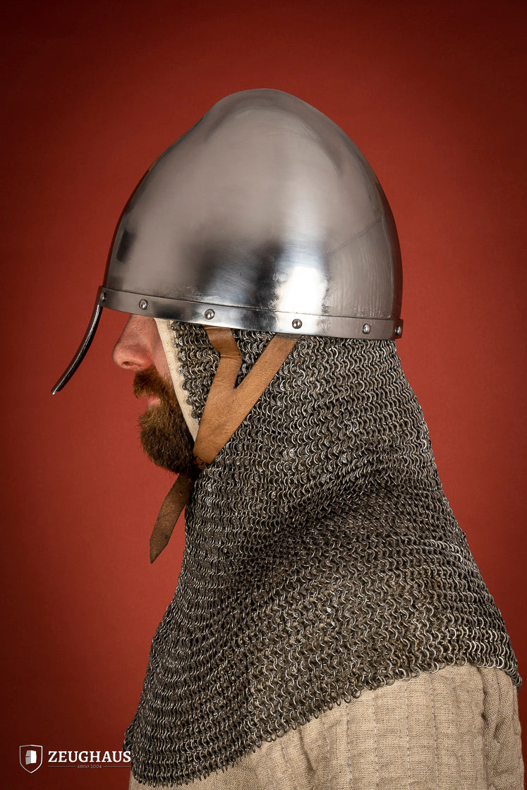 Nasal Helmet Phrygian made of 2mm polished steel with a 3mm nasal guard and leather chin strap, showcasing its unique handcrafted design.