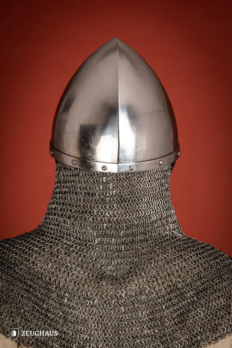 Nasal Helmet Phrygian made of 2mm polished steel with a 3mm nasal guard and leather chin strap, showcasing its unique handcrafted design.