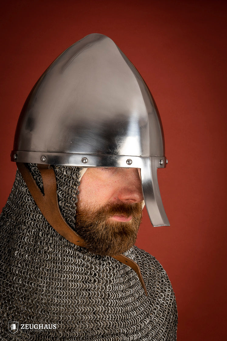 Nasal Helmet Phrygian made of 2mm polished steel with a 3mm nasal guard and leather chin strap, showcasing its unique handcrafted design.