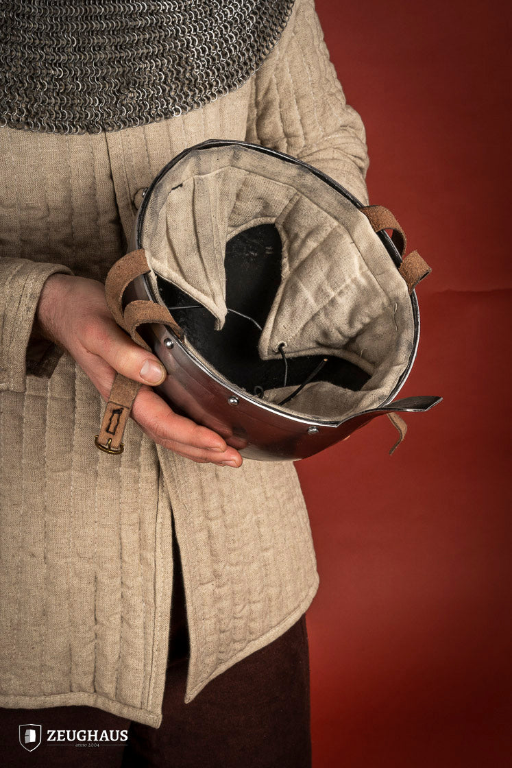 Nasal Helmet Phrygian made of 2mm polished steel with a 3mm nasal guard and leather chin strap, showcasing its unique handcrafted design.