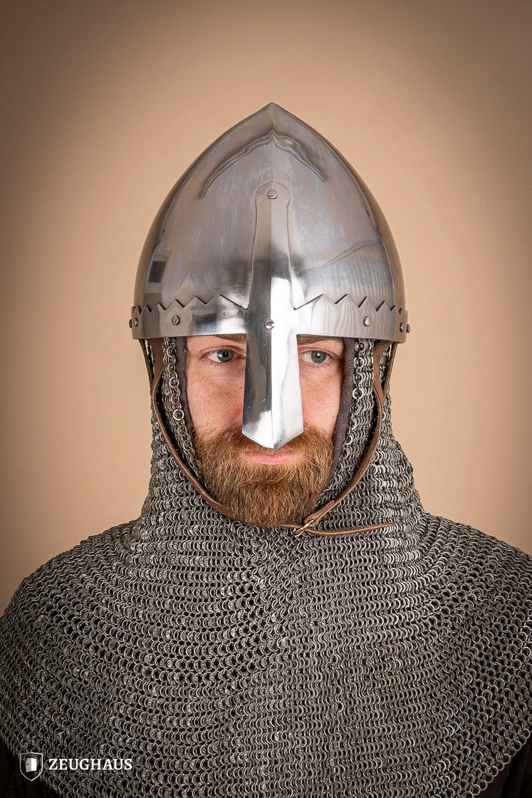 St. Wenceslaus Nasal Helmet made of polished 2mm steel with a padded inner lining and adjustable leather chinstrap.