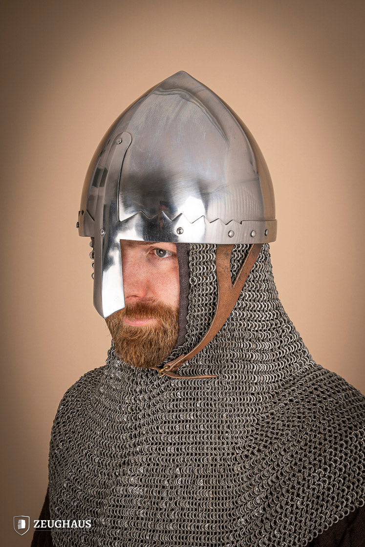 St. Wenceslaus Nasal Helmet made of polished 2mm steel with a padded inner lining and adjustable leather chinstrap.