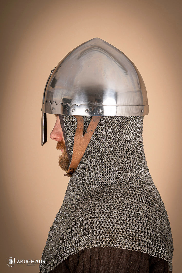 St. Wenceslaus Nasal Helmet made of polished 2mm steel with a padded inner lining and adjustable leather chinstrap.