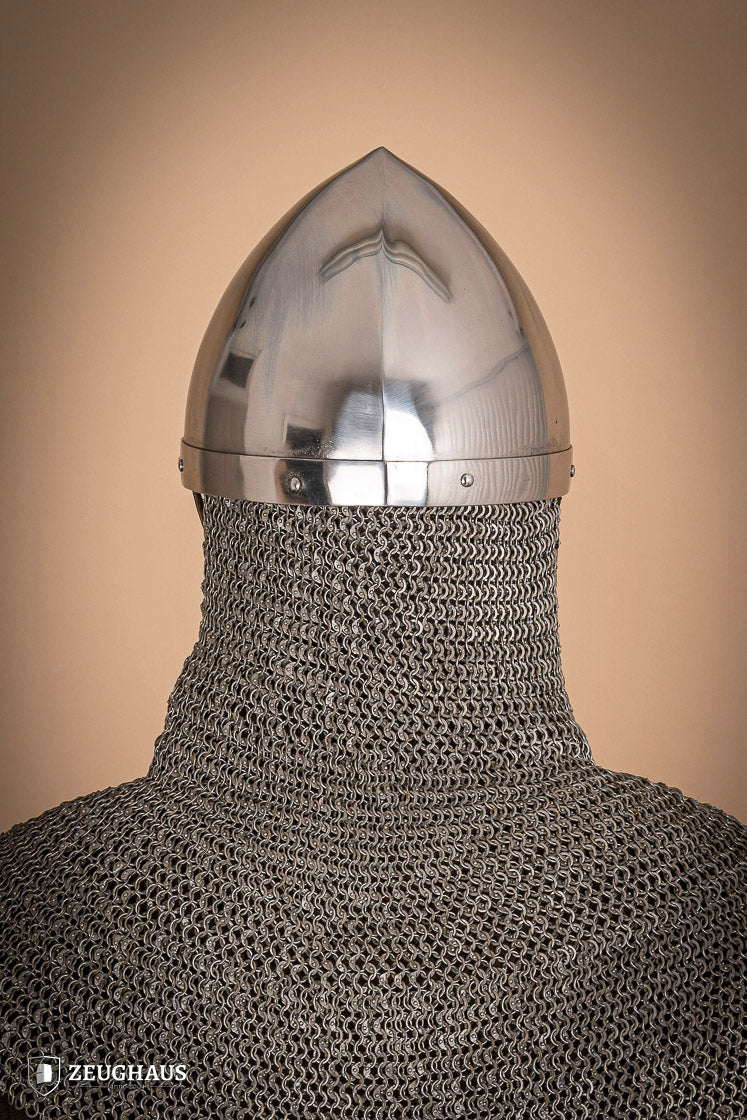St. Wenceslaus Nasal Helmet made of polished 2mm steel with a padded inner lining and adjustable leather chinstrap.