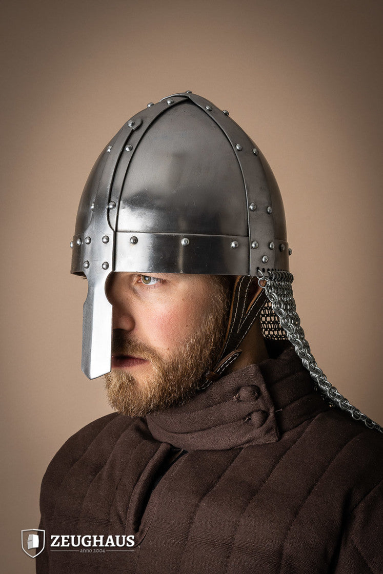 Nasal Spangenhelmet with Aventail, featuring a polished finish, leather lining, and linked chainmail aventail for neck protection.