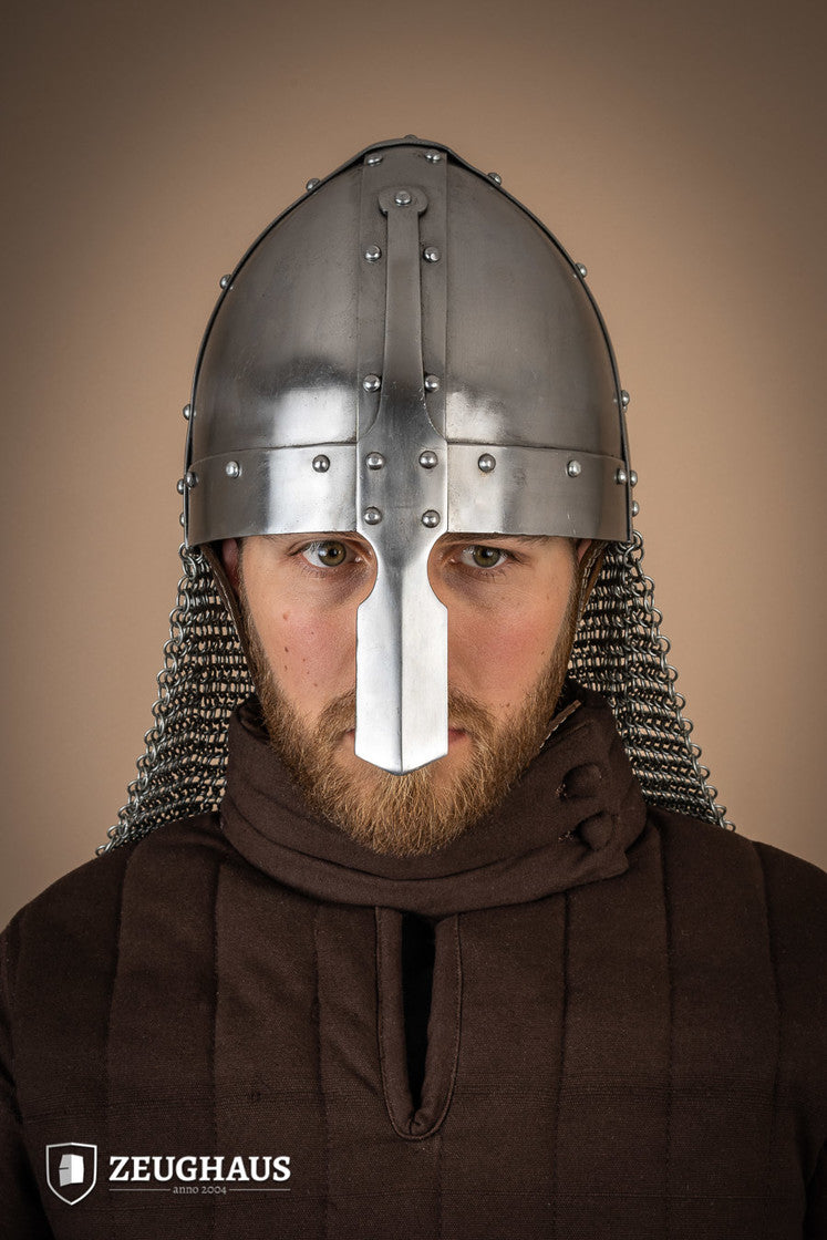 Nasal Spangenhelmet with Aventail, featuring a polished finish, leather lining, and linked chainmail aventail for neck protection.